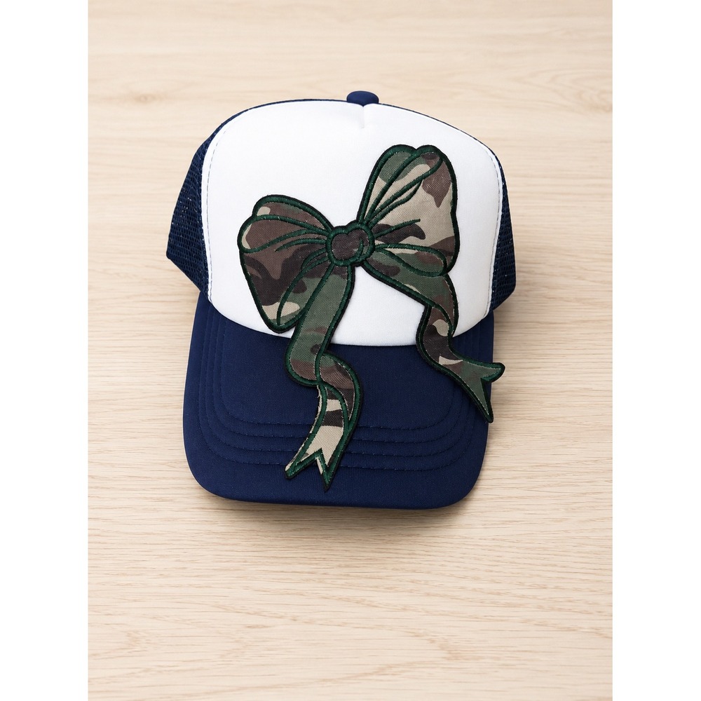 Navy Trucker Hat Camo Bow Mesh Snapback Adjustable Boutique Women's Cap